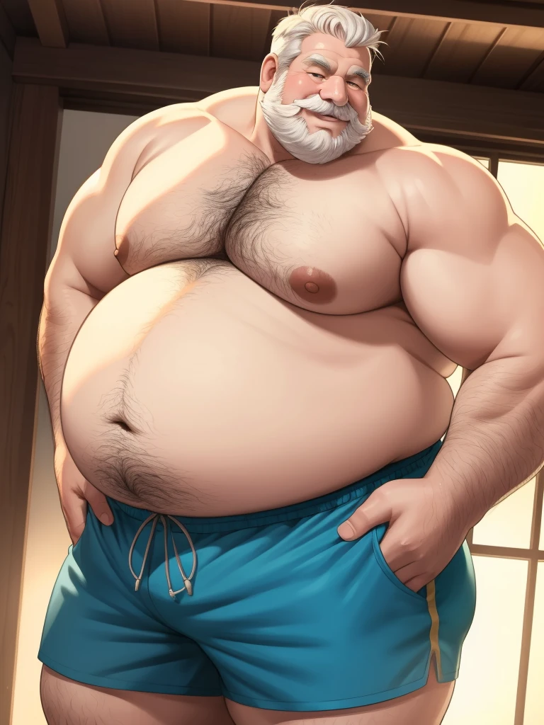 fat daddy, hot daddy, a smiling obese old man, chubby, big fat, detailed realistic portrait, 8k high resolution, topless, sumo physique, side view, perfect center, full view, realistic skin texture, wrinkled face, short hair, thick mustache, white hair, bearded, jovial expression, huge belly, fat, wearing shorts, high detail, masterpiece, (best quality,4k,8k,highres,masterpiece:1.2),ultra-detailed