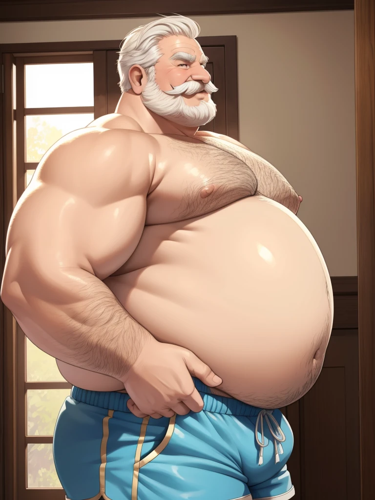 fat daddy, hot daddy, a smiling obese old man, chubby, big fat, detailed realistic portrait, 8k high resolution, topless, sumo physique, side view, perfect center, full view, realistic skin texture, wrinkled face, short hair, thick mustache, white hair, bearded, jovial expression, huge belly, fat, wearing shorts, high detail, masterpiece, (best quality,4k,8k,highres,masterpiece:1.2),ultra-detailed