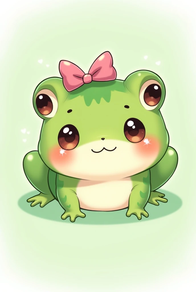 Sticker kawaii green cute frog girl with a pink ribbon bow on her head blush