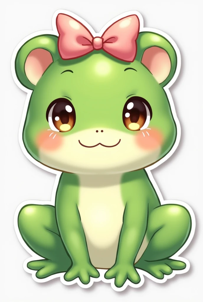 Sticker kawaii green cute frog girl with a pink ribbon bow on her head blush