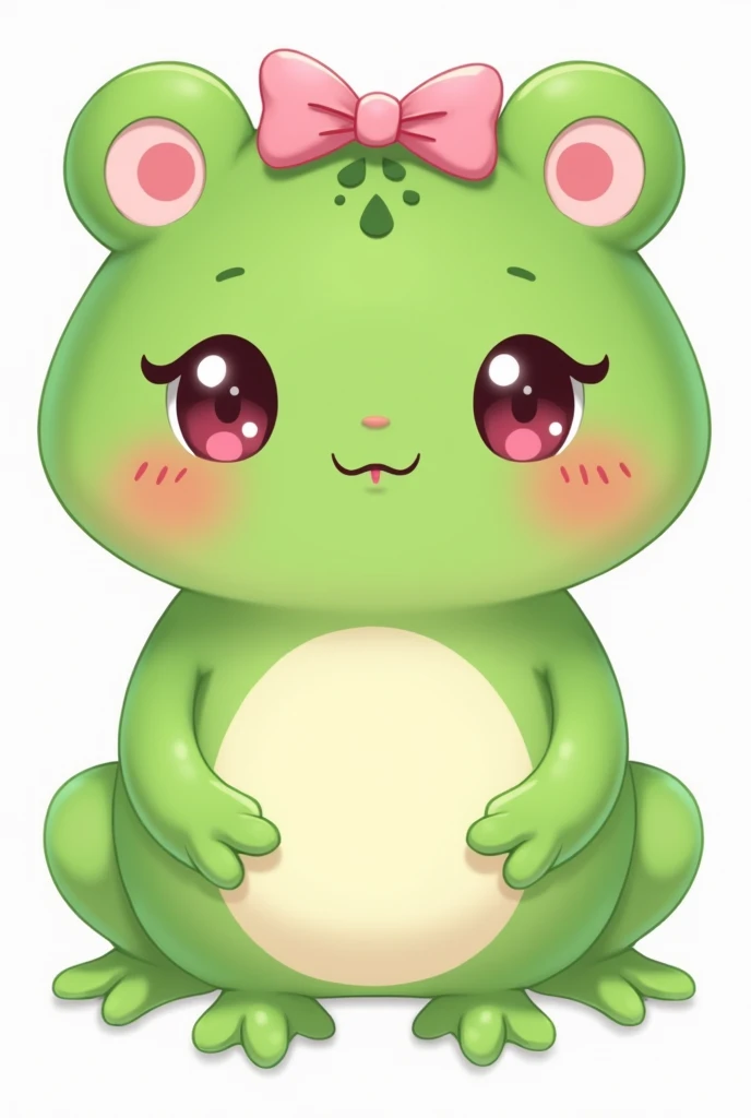 Sticker kawaii green cute frog girl with a pink ribbon bow on her head blush