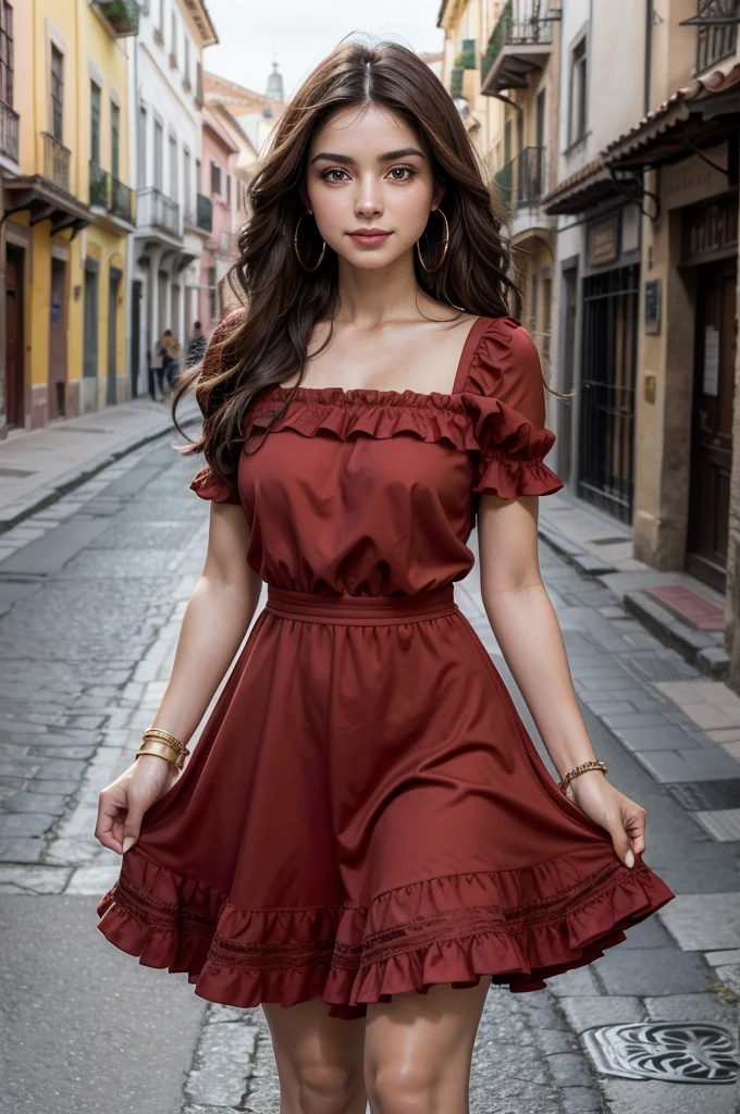 : "A perfect Spanish woman walking confidently down a charming street in a historic Spanish town, like Seville or Granada. she is about 30 years old, with a slim and athletic body, lightly tanned skin and an oval face with defined cheekbones, full lips and a discreet smile. His eyes are large and light brown, and her eyebrows are arched and well defined. She has dark brown hair, long and slightly wavy, loose with natural volume. She wears a modern flamenco dress in vibrant red with black details., fitted at the waist and with a slight train. The dress features ruffles and floral patterns that move smoothly as she walks.. She holds a traditional Spanish fan with elegance., wears gold hoop earrings and thin bracelets on her arms. The surrounding scenery includes a picturesque square with a central fountain and historic buildings in the background., illuminated by the soft glow of the evening sun, which creates delicate shadows and highlights your silhouette. The composition is centered, with a warm, rich color palette, capturing the dynamism of the scene and the captivating presence of the woman."