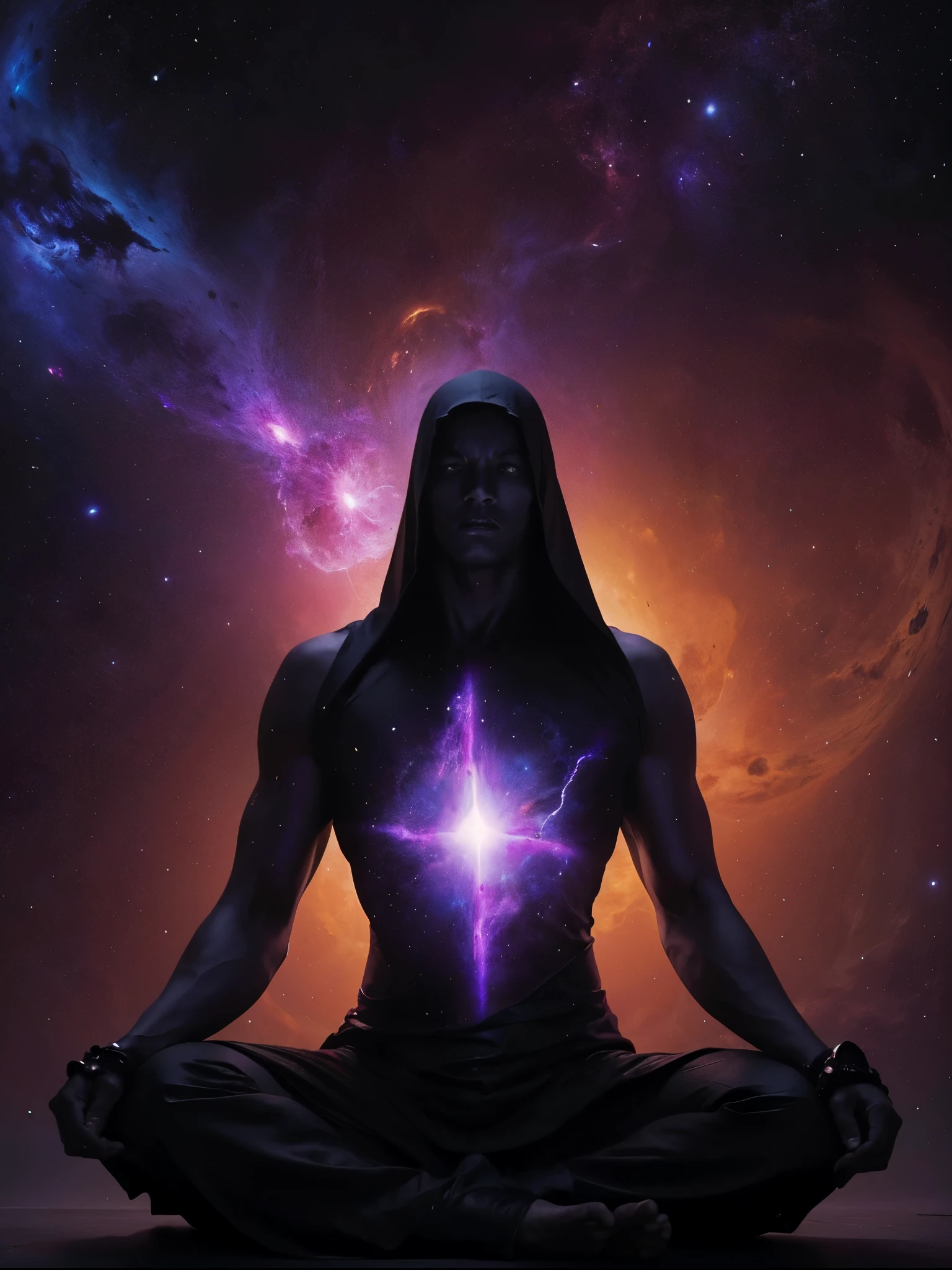 Create a highly detailed and atmospheric digital painting of a cosmic dark entity meditating in a lotus position on the surface of a barren planet. The entity has a shadowy, featureless face and a muscular humanoid body covered in dark organic tendrils that appear to flow and twist around it.. A bright red crystal is embedded in his chest, pulsating with dark energy. Above the head of the entity, A spinning purple and black cosmic vortex with a glowing mystical orb at its center radiates power, Shedding an ethereal light. The background features a vast star-filled galaxy with purple nebulas and distant cosmic phenomena., creating a sense of infinite space and power. The lighting is dark and sinister, and the main sources of light are the glowing red crystal and the mystical orb. The overall color palette is dominated by deep purples., black and touches of red, evoking a sense of cosmic mystery and power.