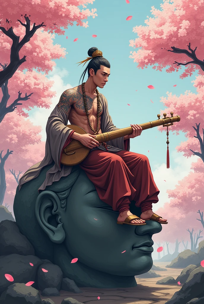 A headless man he is wearing a big Juzu his body is full of Chinese tattoos and he is playing Sanxian he is wearing ancient Chinese pants and Chinese sandals he is sitting on a head of a giant statue that was knocked down the place he is in is full of cherry tree and some petals are flying the image has to be in anime