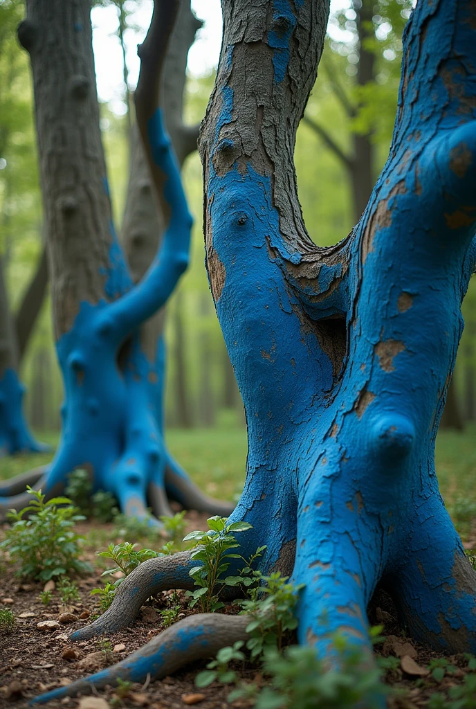forest with blue painted old trees in Poland captured using a Leica camera with a 50mm lens at an aperture of f/2.0.”
