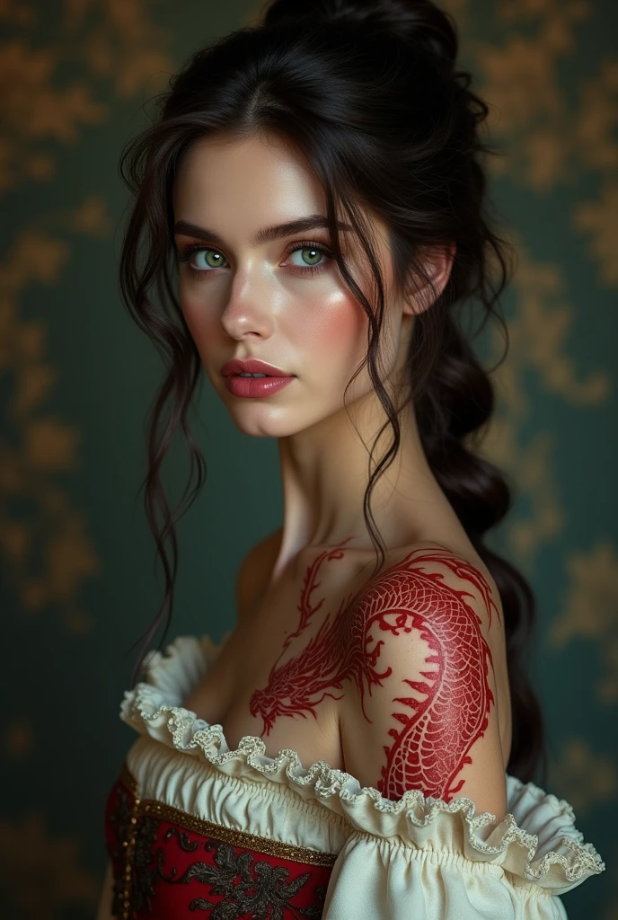 a beautiful brunette woman, intricate red dragon tattoo, detailed facial features, flawless skin, piercing green eyes, delicate makeup, elaborate hairstyle, medieval fantasy-inspired dress, dramatic lighting, cinematic composition, photorealistic, 8k, high quality, hyper detailed, masterpiece, digital art