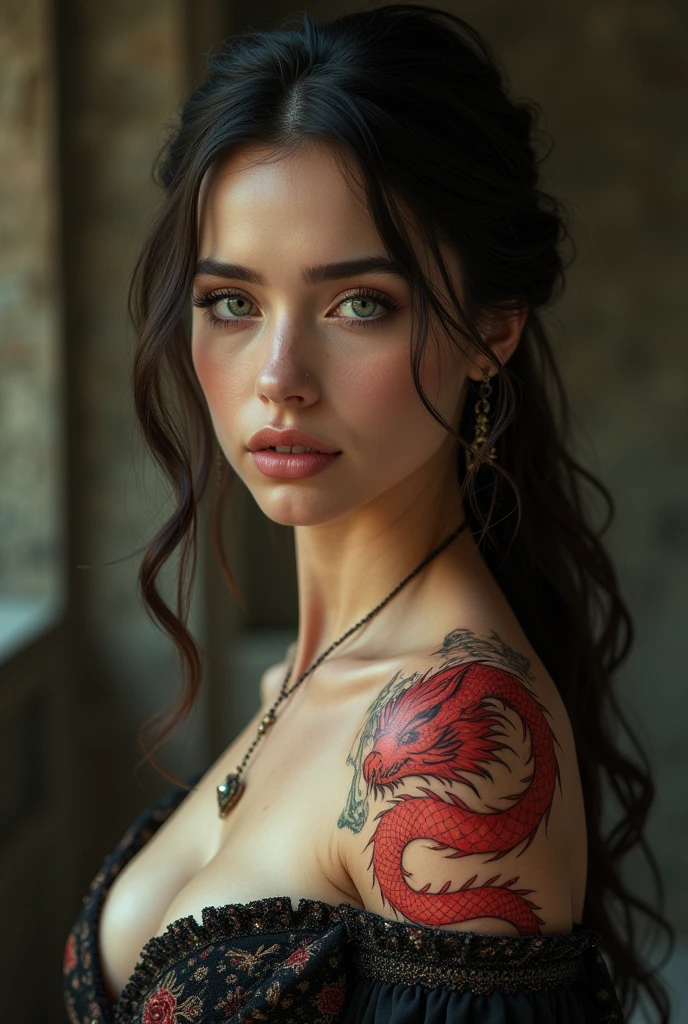 a beautiful brunette woman, intricate red dragon tattoo, detailed facial features, flawless skin, piercing green eyes, delicate makeup, elaborate hairstyle, medieval fantasy-inspired dress, dramatic lighting, cinematic composition, photorealistic, 8k, high quality, hyper detailed, masterpiece, digital art