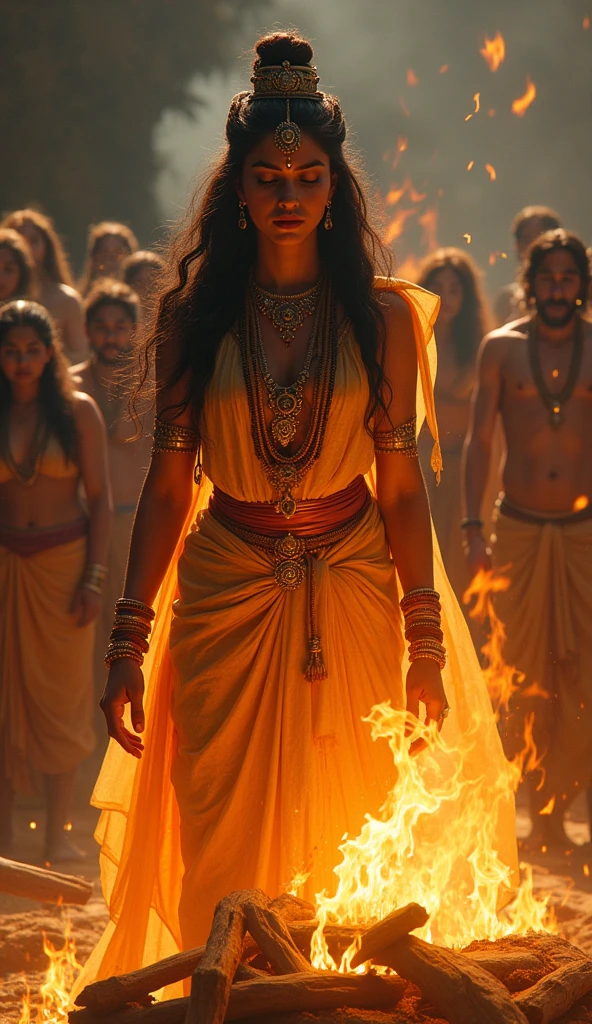 “A dramatic scene of Goddess Sati at her father’s sacrificial fire (yajna), her expression filled with sorrow and determination. Flames surround her, and she is about to step into the fire in an act of self-immolation. In the background, onlookers are shocked and saddened, reflecting the gravity of the moment.”