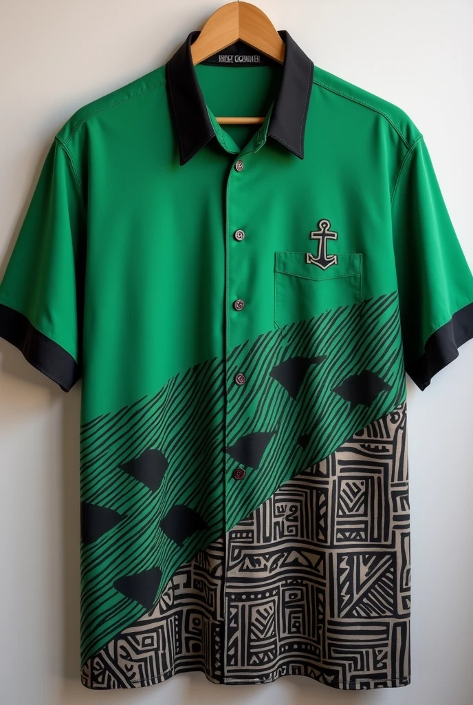 A green matte mixed with black and gray african art patterns on the bottom left of the shirt , silk like Tshirt with a tiny anchor on the left side