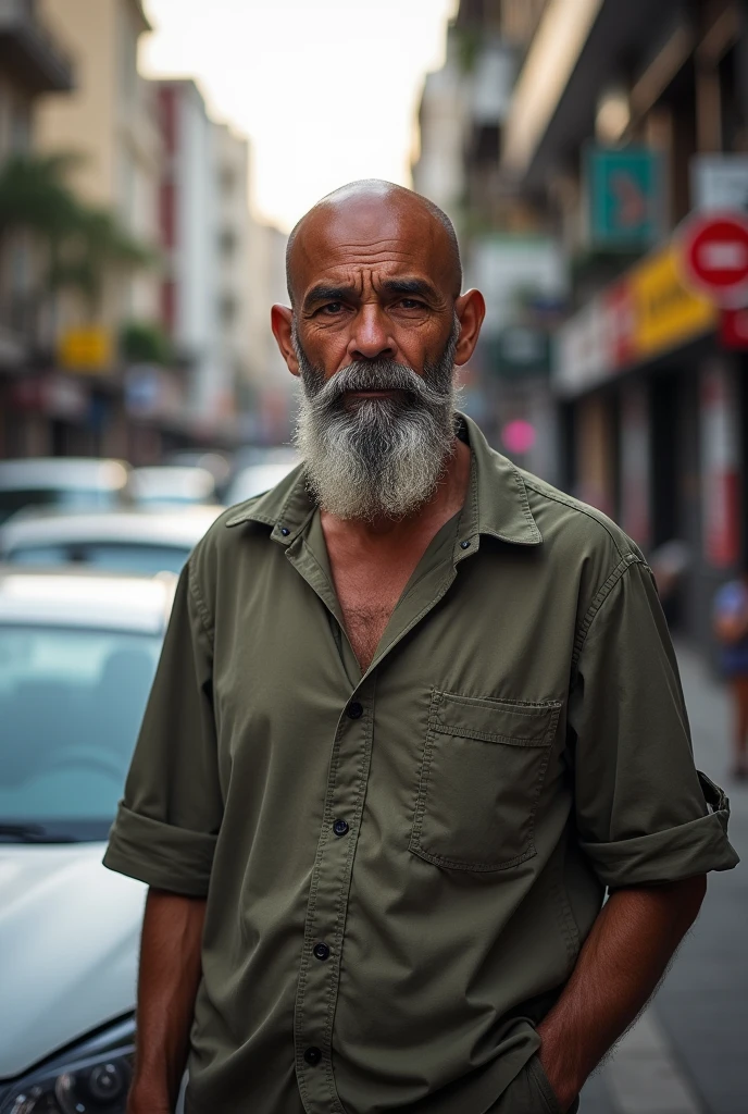 Victor Eugenio Mardones Castro 3 bald with mustache and beard wearing loose clothing standing on the street next to a Nissan car March 2018 