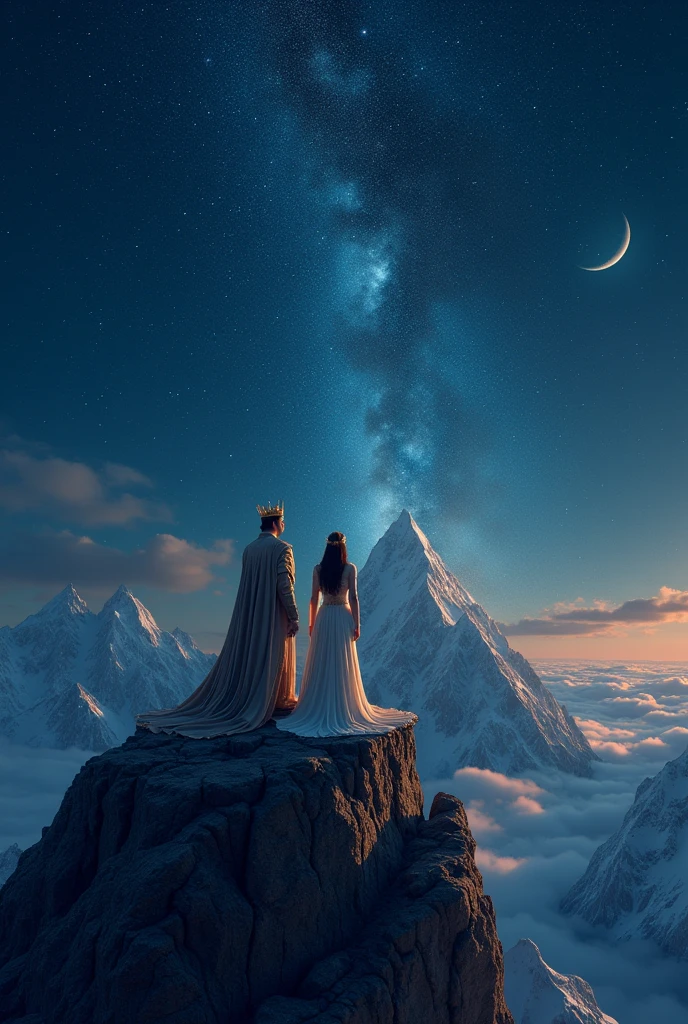 King and queen at a peak of mountain standing under the falling stars at night with beautiful moon and stars