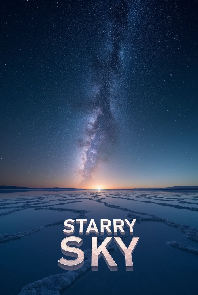 The words "Starry Sky" written in large letters at the bottom of the screen, ((masterpiece, highest quality, Highest image quality, High resolution, photorealistic, Raw photo, 8K)), ((Extremely detailed CG unified 8k wallpaper)), The starry sky reflected in the Uyuni Salt Flats,
