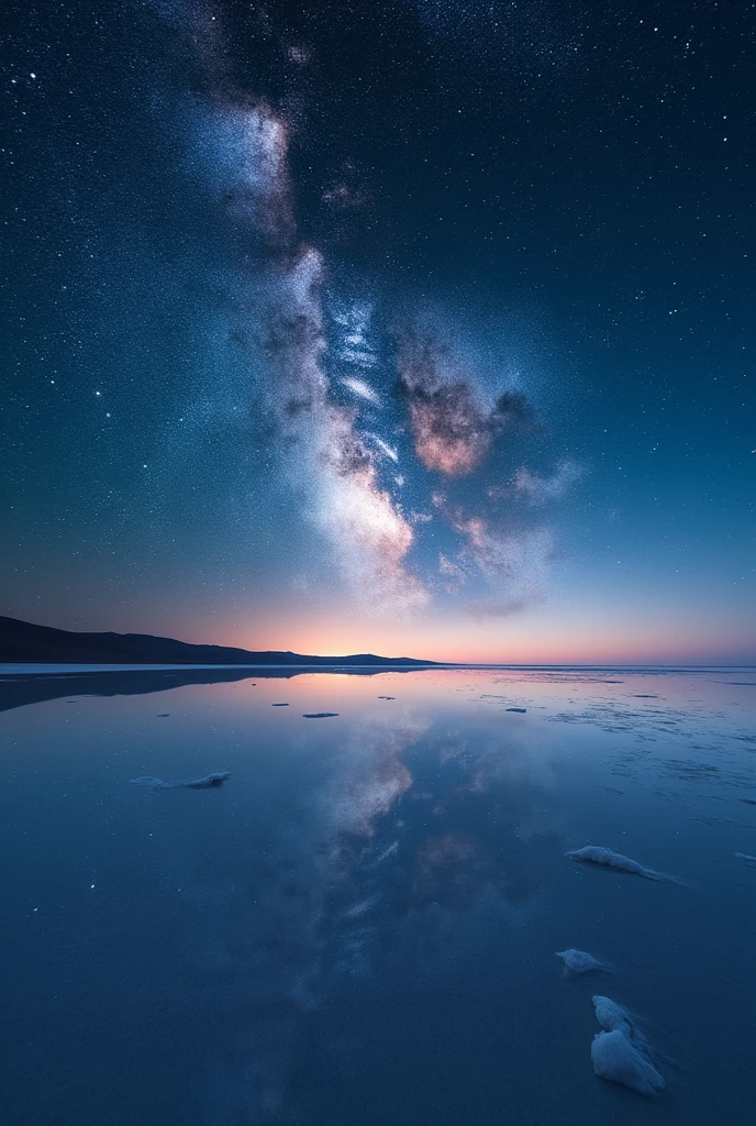 The words "Starry Sky" written in large letters at the bottom of the screen, ((masterpiece, highest quality, Highest image quality, High resolution, photorealistic, Raw photo, 8K)), ((Extremely detailed CG unified 8k wallpaper)), The starry sky reflected in the Uyuni Salt Flats,