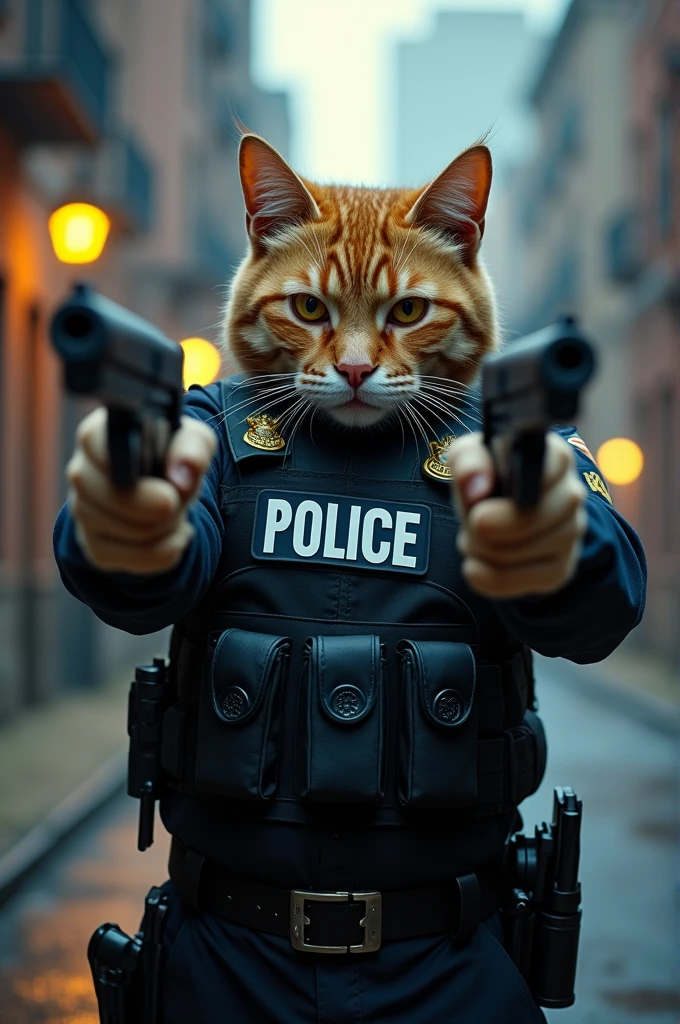Cat wearing police vest and holding two guns and aiming to cameras realistic hyper detailed cinematic full hd 4k quality