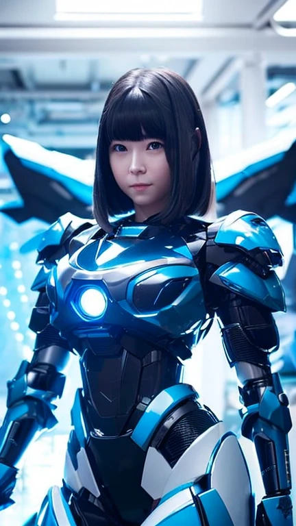 Wide-angle shot, 1 female, Mecha, Glowing blue-black eyes, Very cute face, (Realistic:1.37), バイオMechaニカル, Spaceship interior bokeh background, Ultra-realistic, Very detailed, Very intricate details, Beautiful woman in focus