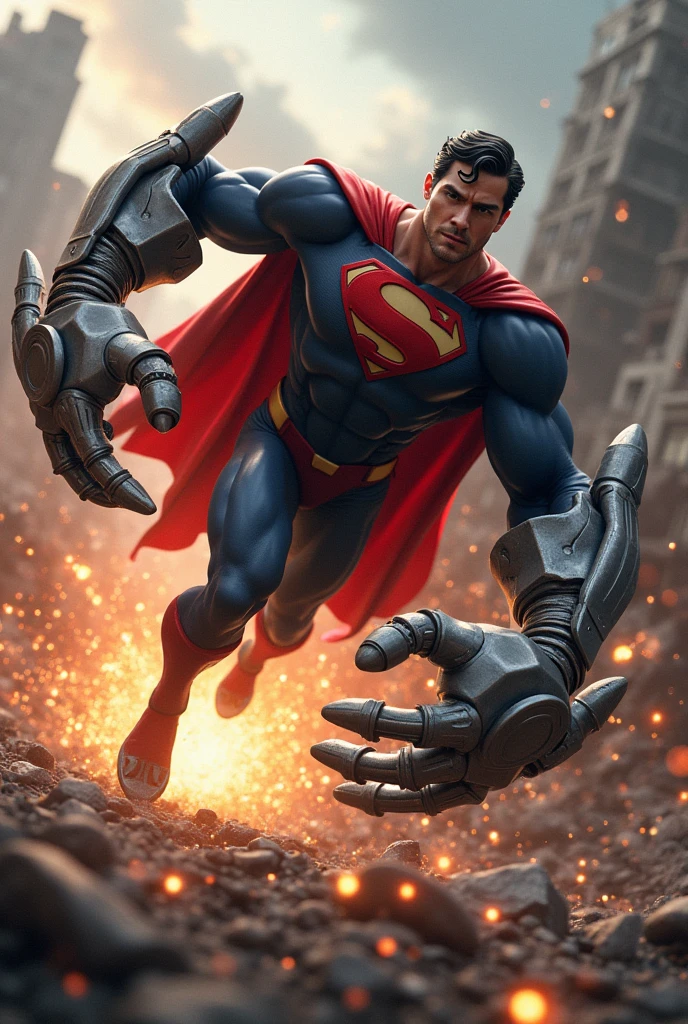 "Create a dynamic image of Superman in action, destroying a robot. Superman is flying in the air with a powerful pose, using his strength to crush the robot. The robot is partially destroyed, with metal parts and sparks flying everywhere. The background of the scene may show a city in ruins, with damaged buildings and smoke in the air, highlighting the intensity of the battle. Superman must be in his classic costume, including the flowing red cape, and your expression should reflect determination and concentration. The image should convey a sense of fast action and impact., with details like the light reflecting off the robot's metal and the energy emanating from the shock."