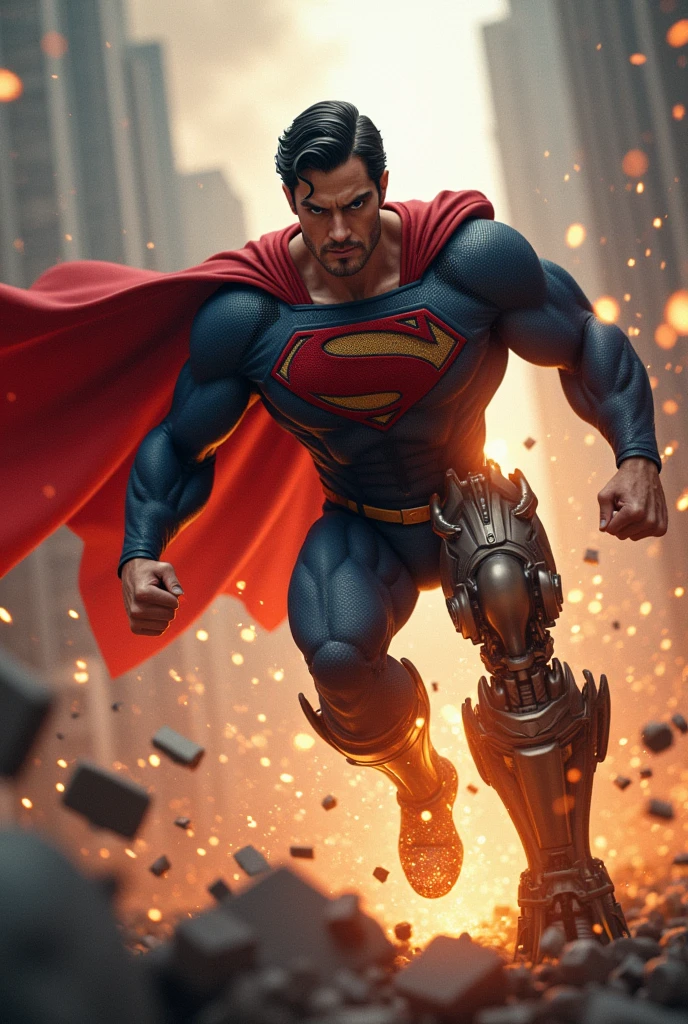 "Create a dynamic image of Superman in action, destroying a robot. Superman is flying in the air with a powerful pose, using his strength to crush the robot. The robot is partially destroyed, with metal parts and sparks flying everywhere. The background of the scene may show a city in ruins, with damaged buildings and smoke in the air, highlighting the intensity of the battle. Superman must be in his classic costume, including the flowing red cape, and your expression should reflect determination and concentration. The image should convey a sense of fast action and impact., with details like the light reflecting off the robot's metal and the energy emanating from the shock."
