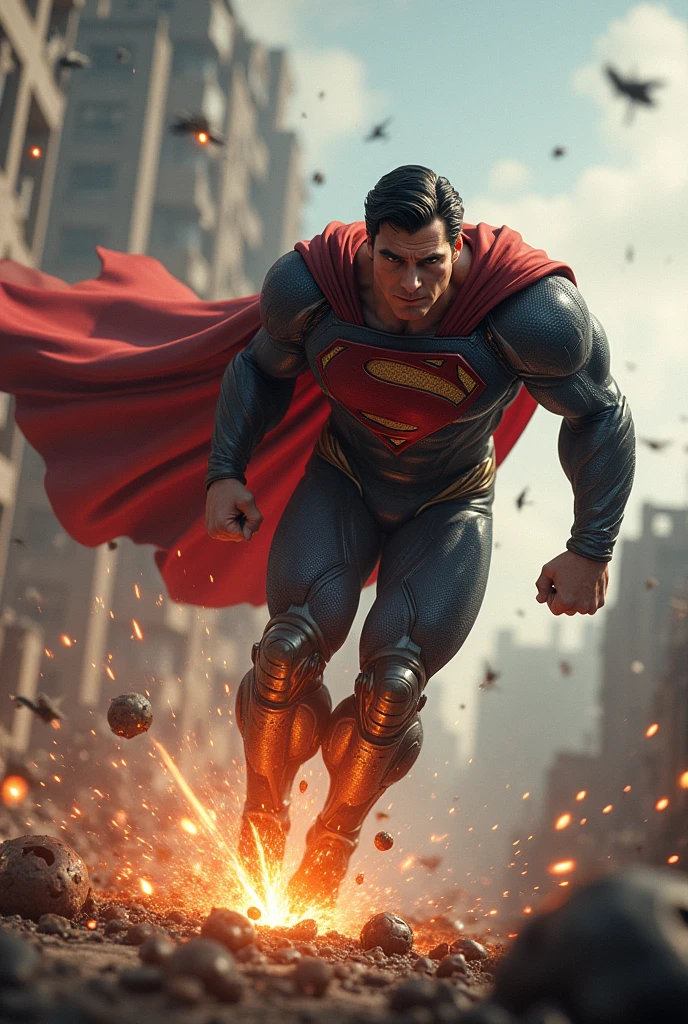 "Create a dynamic image of Superman in action, destroying a robot. Superman is flying in the air with a powerful pose, using his strength to crush the robot. The robot is partially destroyed, with metal parts and sparks flying everywhere. The background of the scene may show a city in ruins, with damaged buildings and smoke in the air, highlighting the intensity of the battle. Superman must be in his classic costume, including the flowing red cape, and your expression should reflect determination and concentration. The image should convey a sense of fast action and impact., with details like the light reflecting off the robot's metal and the energy emanating from the shock."