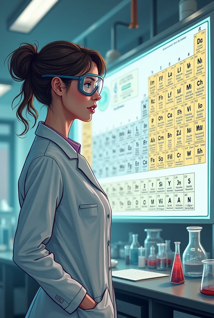 illustration of the periodic table with a teacher[Woman] of chemistry, without the students