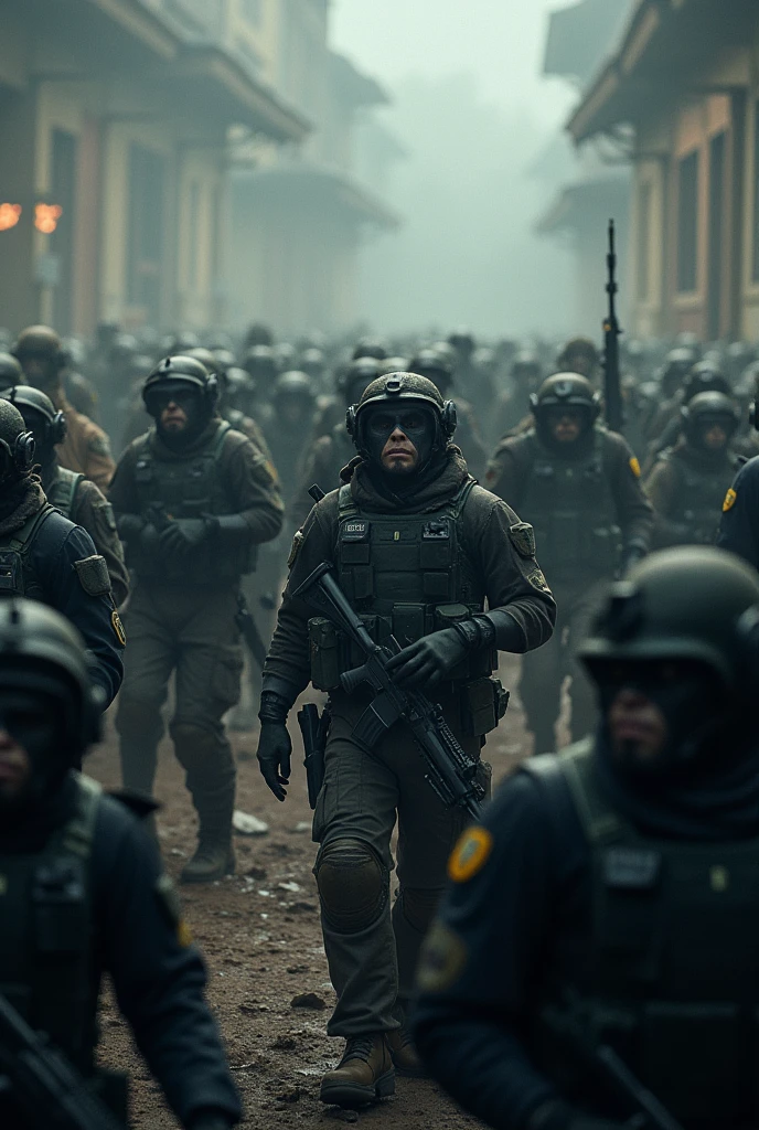 a huge army of highly trained soldiers, heavily armed with rifles and advanced military gear, epic battle with a massive horde of wild and ferocious monkeys, intense combat, detailed textures, gritty realism, cinematic lighting, dramatic composition, dynamic action, (best quality,4k,8k,highres,masterpiece:1.2),ultra-detailed,(realistic,photorealistic,photo-realistic:1.37),epic war scene,militaristic,dark moody colors