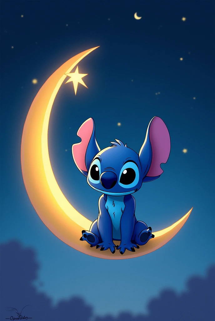 stitch (Lilo y stitch) on a crescent moon and to one side a star 