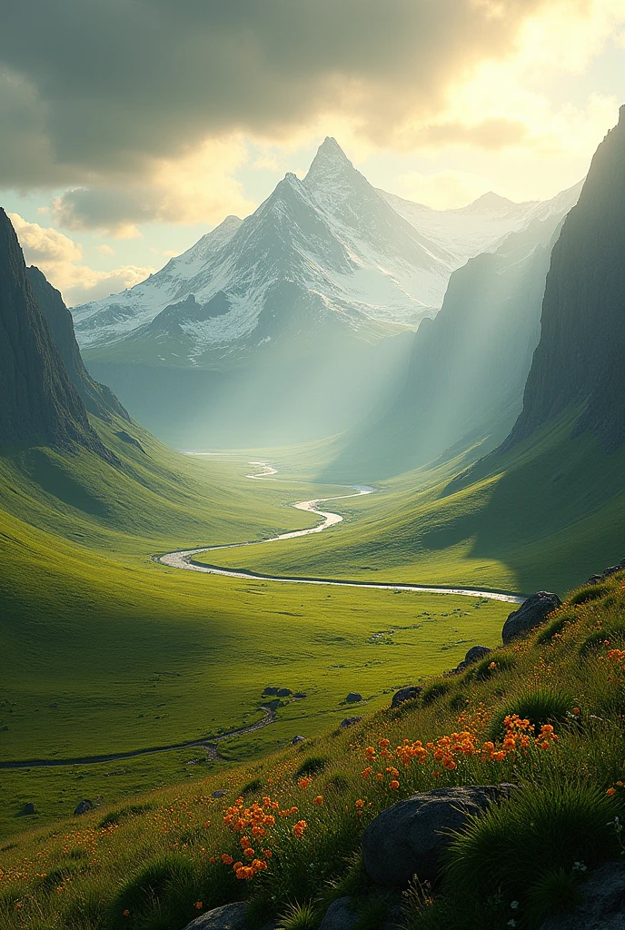 A vast and unique Icelandic landscape featuring expansive green fields, deep valleys, and snow-covered mountains. The sky is adorned with white clouds and golden rays of sunshine.