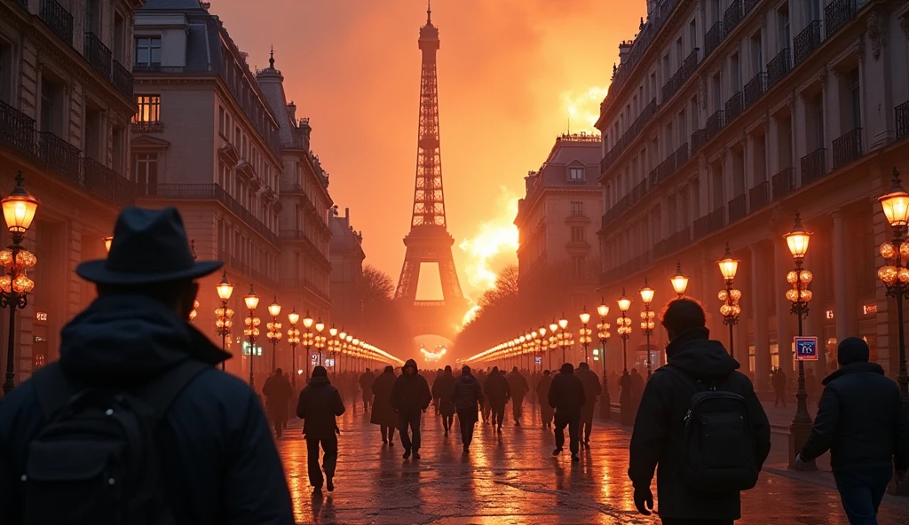 Paris city by day, in chaos; bombs exploding