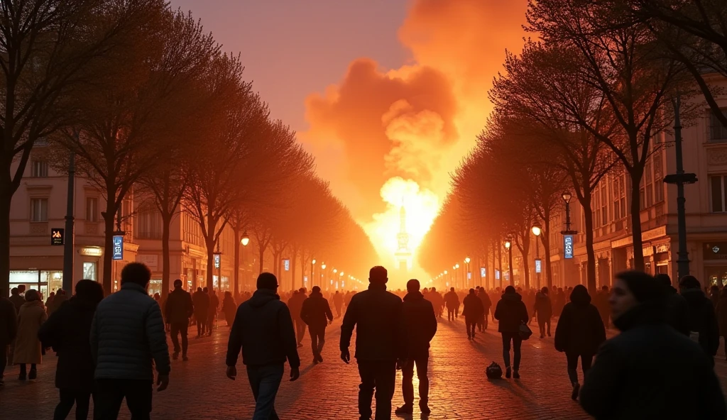 Paris city by day, in chaos; bombs exploding