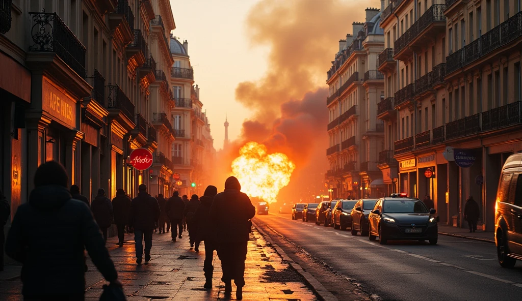 Paris city by day, in chaos; bombs exploding