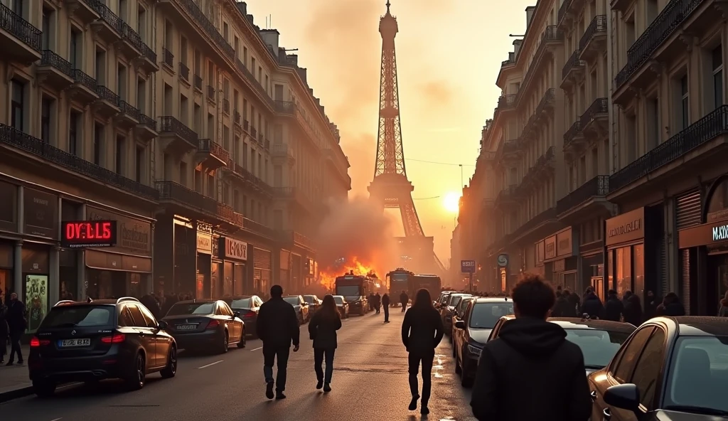Paris city by day, in chaos; bombs exploding