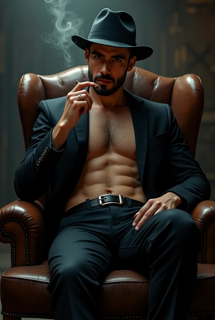 Masterpiece, detailed, 8k, a delicate and graceful full body image of a young handsome mafia, wearing black suit and hat, beard, holding a smoking cigar, sitting on a chair, night vibes, fierce look, big penis inside thight pants, sexy abs, hot pose, erotic scene