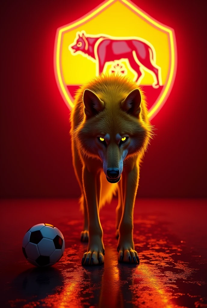 There is yellow and scary wolf with dark yellow and dark red neon lights in the dark red room. And the floor is wet. And there is big ac roma football club's logo on the wall. the AC Roma football club's logo must be clearly visible