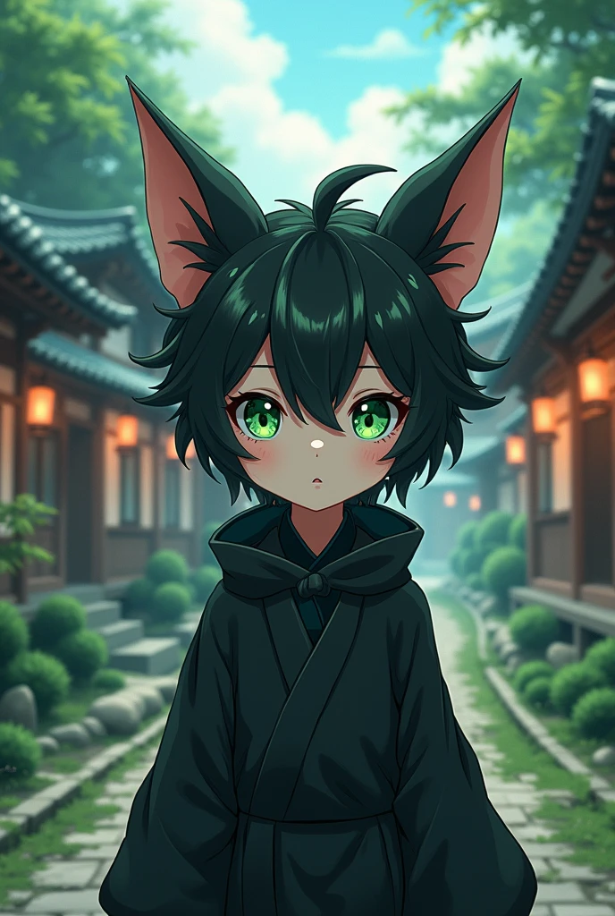 anime, human boy, small stature, black fur, bat ears,dark clothes green eyes, village fund