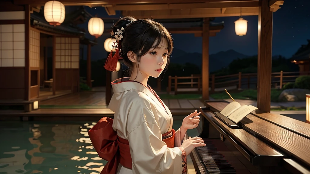 A highly realistic, beautiful Japanese woman wearing a traditional kimono, playing a grand piano in a side view. The background is set in an Edo-period Japanese setting, with lanterns softly glowing, creating a warm and nostalgic atmosphere. The scene is reminiscent of "Spirited Away" with a Bon Odori festival vibe. The piano is a grand piano, accurately depicted, and the woman’s hands, with five fingers on each, are naturally positioned on the keys. The overall atmosphere is serene, with soft, natural lighting that enhances the traditional Japanese aesthetic.