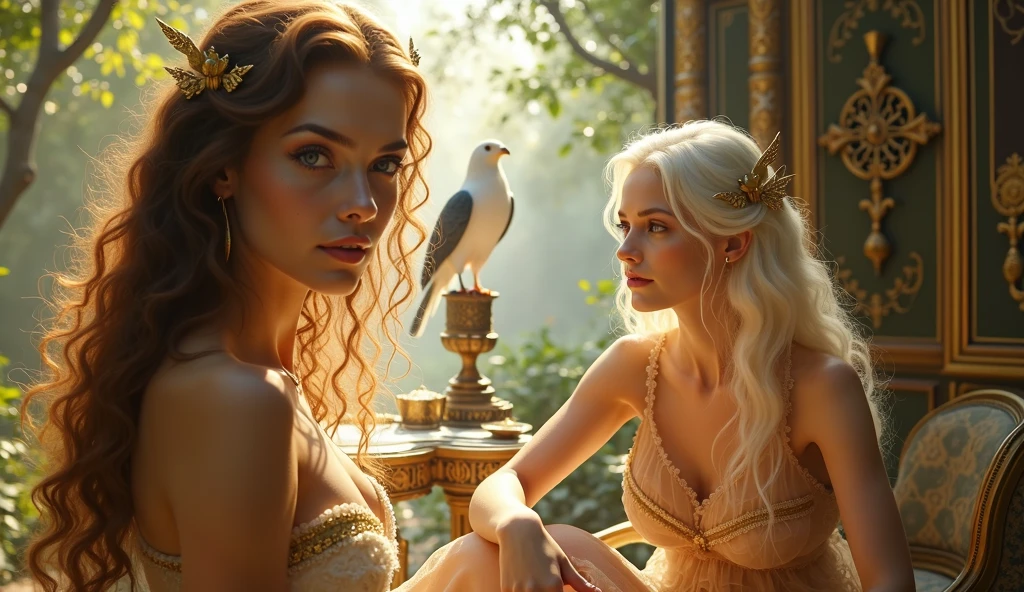 "A full-body shot of a realistic fairytale scene in a magical palace in a beautiful magical forrest, bathed in sunlighting."Beautiful pastel colour pallette." "A fairy queen with realistic striking big blue eyes with eye makeup and a serious, direct gaze at the camera with golden extra long hair." " A Fairy queen with golden-brown long curly hair in a thin light blue dress is dancing with arms up in the air." "Fairy queen doing hand stand with both hands on floor with her gold delicade fairy-crown, is hanging by the ends of her hair, wearing a thin blue/green dress, looking at fairy queen1 smiling with her perfect shaped pearly white teeth and pursed lips." "Twirling and dancing fairy princess with a long white hair in a sheer golden wet transparent dress outfit, big breasts, thin waist, big butt, looks provocative with her mouth almost sedusive at fairy queen 2 laughing." "The lighting is natural and bright, highlighting their features and casting a soft glow around their hair, creating a high-contrast effect that emphasizes the subject's presence. " "A white rapid sits in on a decorative dining table" "while a rainbow colored bird perches on the top of the thin royal thrown". The realistic scene includes a strikingly beautiful fairy queens in a beautiful and magical forrest palace. "The vast environment paints a magical but weird admosphere". # Configuration settings clip_guidance_scale = 20 # High adherence to the detailed prompt, emphasizing facial features hr_scale = 2.0 # High resolution to capture intricate details in the hair and face. hr scale =2.0 # Perfect human female body. Best hands 1:1, super realistic hair 1:1, hyper realistic eyes 1:1, extra detailed delicate moist skin, most detaled and realistic face 1:1. #A realistic stage with thorough details and clear focus on the queens.