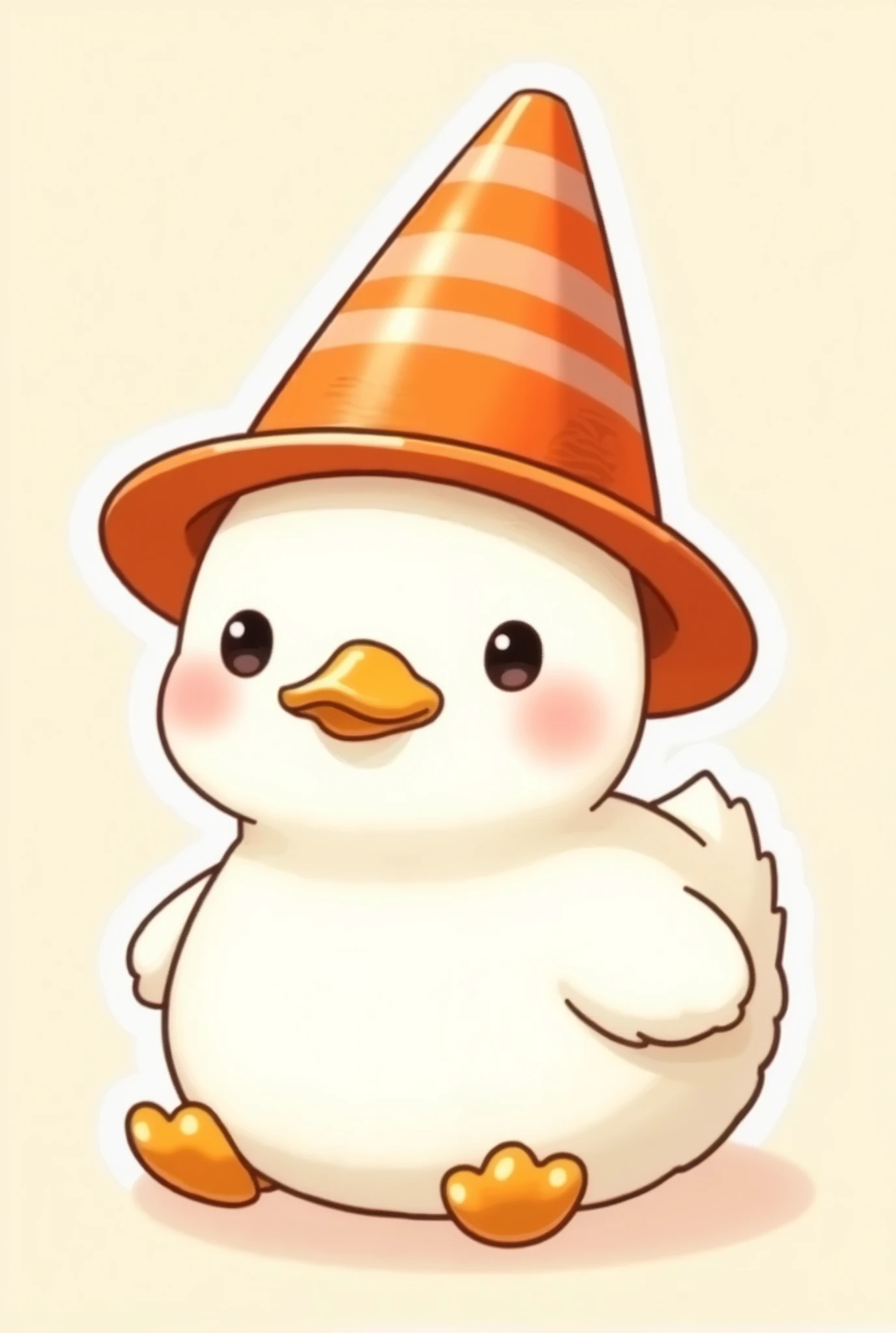 Sticker Kawaii white duck with an orange pylon on the head like a hat