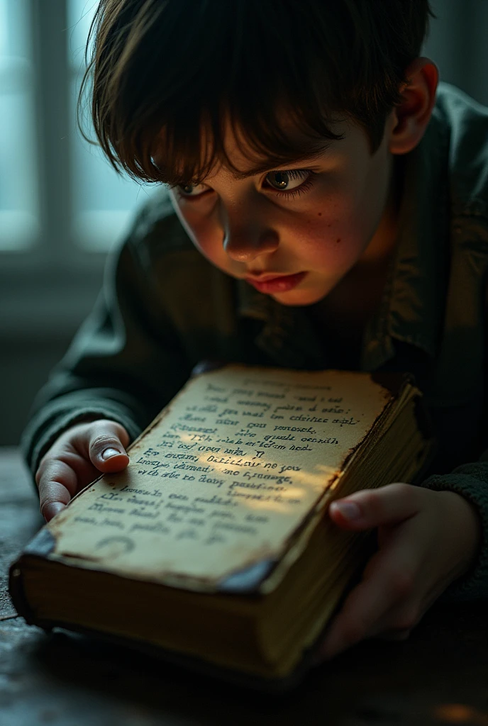 A close-up of a boy’s shaking hands holding a decaying, leather-bound diary. The pages are yellowed with age, and the text is written in faded ink: 'मुझे इंसाफ चाहिए।' The dim, flickering light in the background creates ominous shadows, while the boy’s face reflects a mix of horror and confusion. The atmosphere should feel heavy with tension, as if the diary holds secrets too dangerous to uncover, and the viewer should sense that something horrifying is about to unfold.