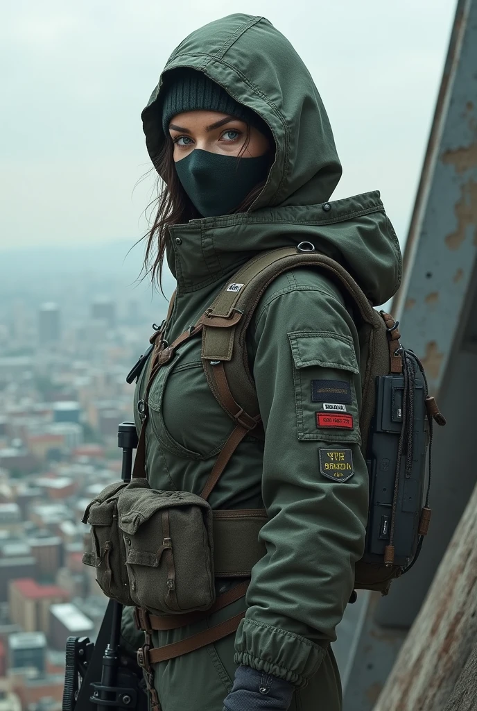 Russian female sniper wearing a cloth mask and no hood standing on the roof of a high-rise building