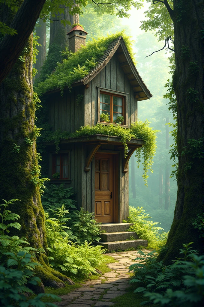 A house in the forest, the window of the house is open, green plants around.