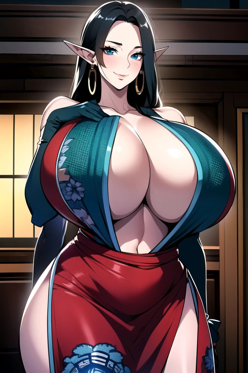 ultra realistic 8k cg, masterpiece, ((ultra detailed background,  intricate detail, highly detailed, fine details best quality, hyperdetailed face)), gigantic breasts ,beautiful lighting, absurdres, BoaHancockV2,  1girl, solo, (black hair), long hair, jewelry, closed mouth, ), cleavage, (chinese dress : 1.1), (underboob : 1.4), elbow gloves, thigh boots, miniskirt, bare shoulders,, bare shoulders, curvy, midriff, curvy, thighs, shiny clothes), blue eyes, complex detailed background, indoor, palace), ((cowboy shot)), curvy, (gigantic breasts: 1.1), seductive smile, cowboy shot, earrings, jewelry, elf ears