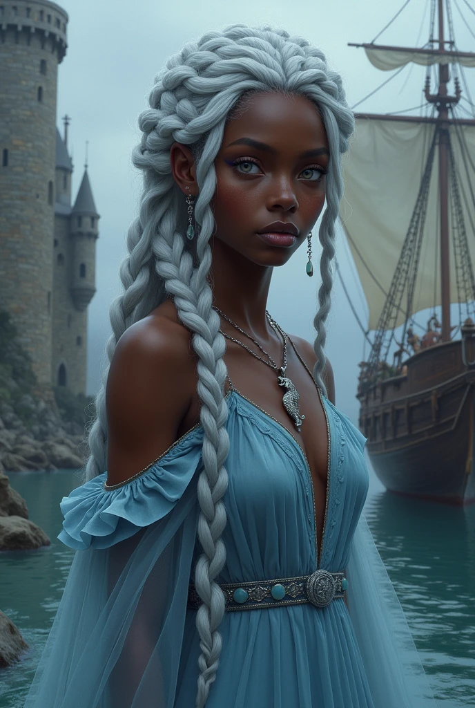 Princesa Maelys Veleryon, black, braided silver hair, lilac eyes with a necklace with a seahorse as a pendant, with a blue dress in front of a damp and old castle near the sea with a ship in the background