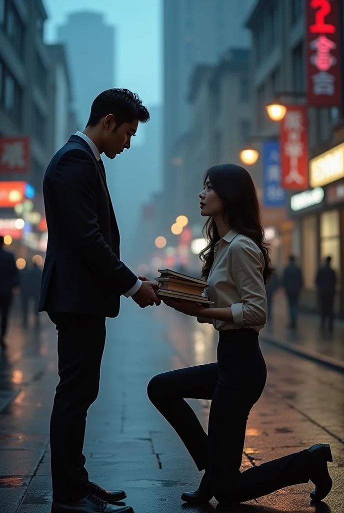 Dark image of a handsome young Korean CEO man on a street asking a beautiful young Korean lady to marry him she is holding books in her hands and is surprised
