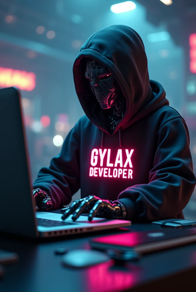 GIVE A FUTURISTIC BACKGROUND ON WHICH A ROBOT HUMANOID SITTING DOING CODING ON A
Open  LAPTOP  , wearing a BLACK HOODIE WHICH HAVE A TEXT APPEAR IN NEON COLOR  TEXT IS 
"G   Y   L   A   X "  " DEVELOPER   "  IN CLEAR WORDS VISIBLE TO US
  IT SHOULD BE IN capital letter,, 
Robot face half covered with hoodie

Not GALAXY IT IS GYLAX
ROBOT BACKGROUND WHICH IS BLUR SHOULD BE MORE ATTRACTIVE 
ROBOT FACE SHOULD BE ATTRACTIVE NOT UGLY OR SCARY
