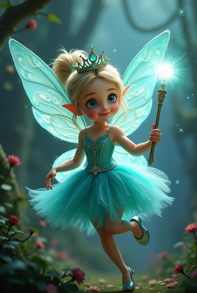 Show me a picture of a little fairy who wore princess dress in a glittery Turquoise colour with crown on her head and a magic stick in her hand and she have a glittery Turquoise colour wings and the size of her wings is one and half of her size and she's a month old and she wore heels too
