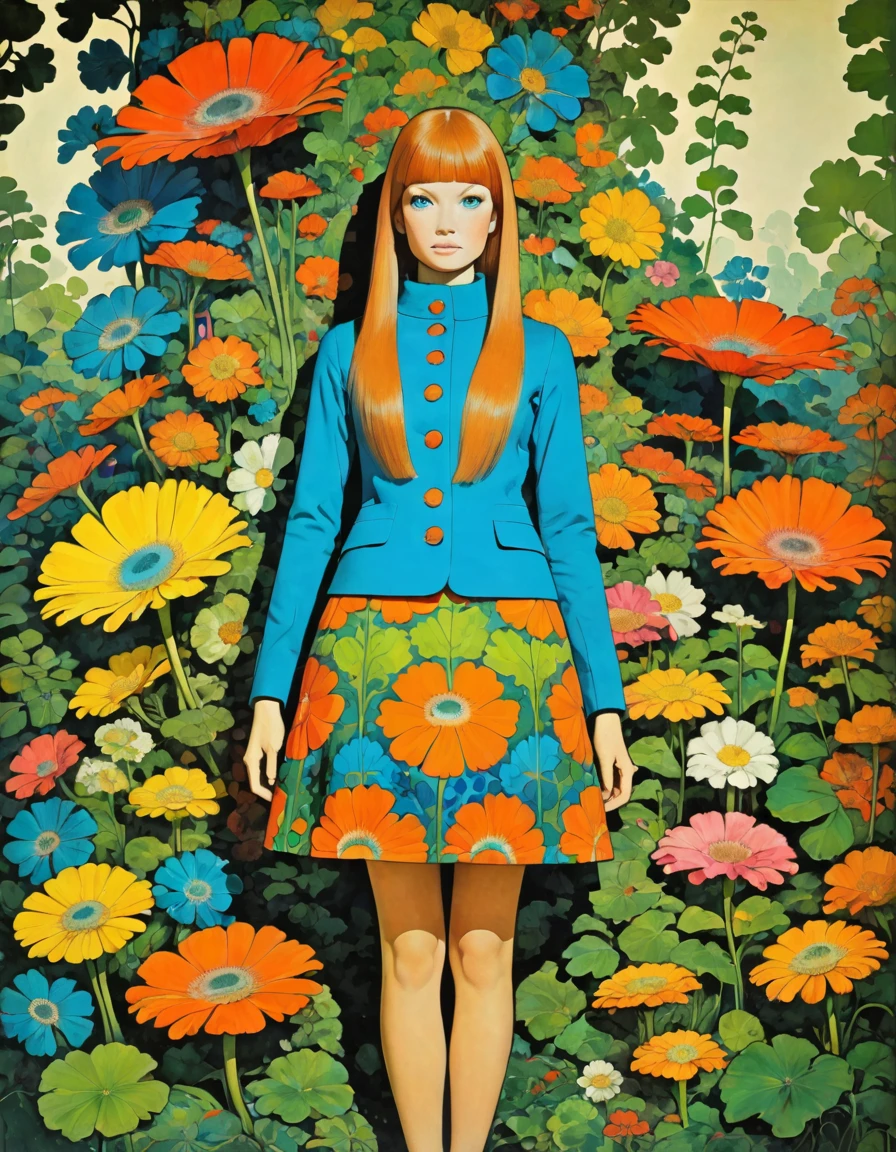 jugendstil 1960's mod psychedelic epic full body mini-skirt portrait by John Pitre and Marimekko botanical