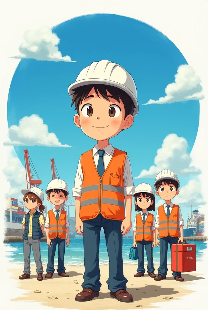 Hello, I want a picture of a cute international businessman, young, Happy and smiling,with big eyes and short hair, Studio Ghibli themed. In the background there is a blue circular watercolor with clouds, the port in the background and a text above that says International business. More animated in drawing format Ghibliy with orange safety vest and white helmet, and now I'm talking in full body with 5 coworkers at the port