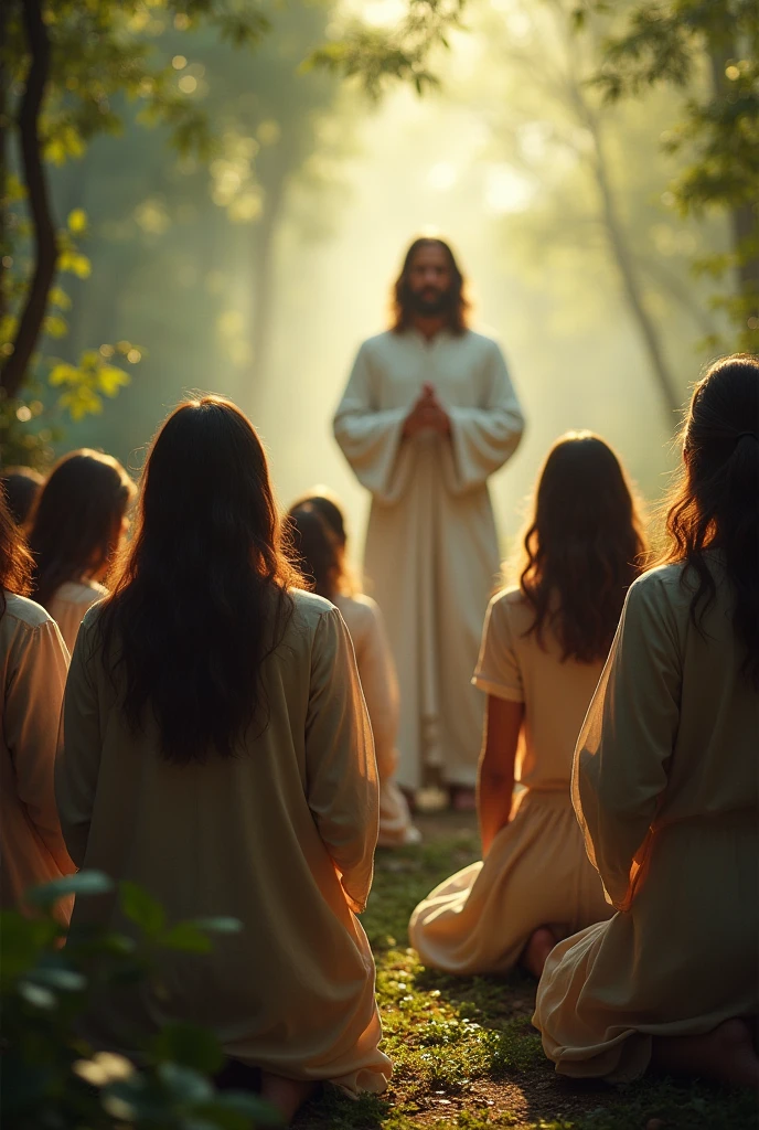 A scene of people offering prayers and seeking guidance, with Jesus present in the background offering a reassuring presence, in a hyper-realistic style, set in a natural environment with lush greenery and soft, diffused light, wide shot, photo realism, cinematography