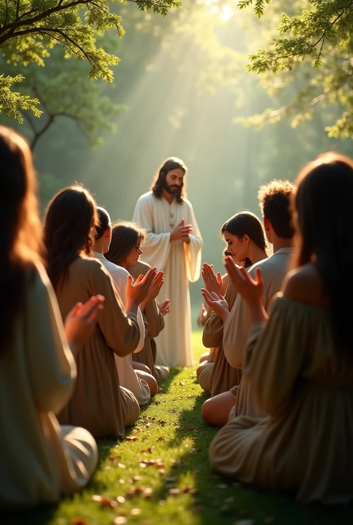 A scene of people offering prayers and seeking guidance, with Jesus present in the background offering a reassuring presence, in a hyper-realistic style, set in a natural environment with lush greenery and soft, diffused light, wide shot, photo realism, cinematography