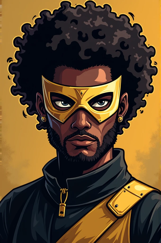 I want you to create a gamer logo that has a dark-skinned male character with curly hair who has a golden hunter mask and a black and gold shirt.