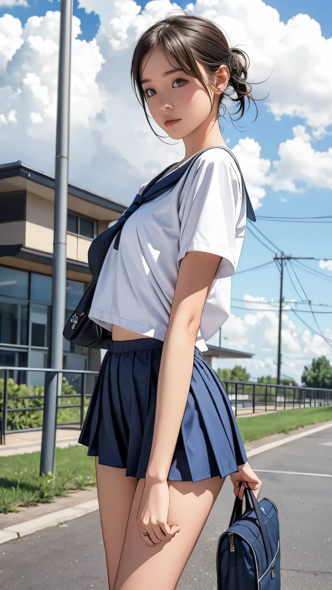 Girl Standing In Schoolyard, ulonimbus clouds floating in the summer sky, (White school swimsuit:1.2), Over a navy blue sailor shirt, school bag, , (Very slim:1.4), Thin thighs, knees, Brown eyes, Short hair tied low